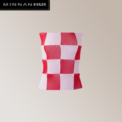 【设计师品牌】MINNANHUI原创拼接双色粉红针织棋盘格带紧身吊带