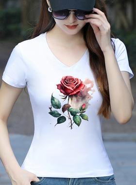 纯棉短袖t恤女2026夏季新款V领玫瑰印花修身显瘦体恤衫白色上衣服