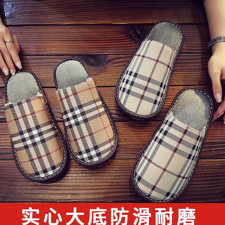 冬季新款情侣皮拖鞋百搭保暖防寒包头厚底防滑男女室内舒适棉拖鞋