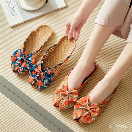 夏季亚麻厚底蝴蝶结包头凉席