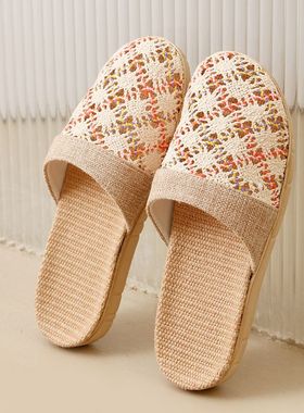 韩版亚麻拖鞋女夏包头镂空凉拖鞋家居室内防滑软底家用春秋可外穿