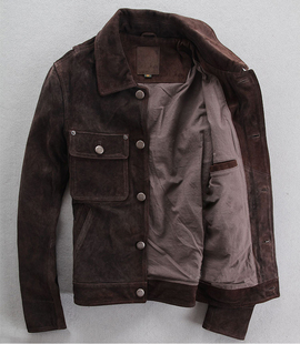 秋冬季做旧男款反绒磨砂小牛皮翻领短款休闲真皮皮衣皮夹克男外套