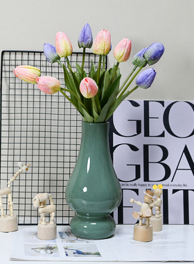 高级感花艺郁金香仿真花高档花瓶单支道具婚庆红色带花瓶蓝色摆件