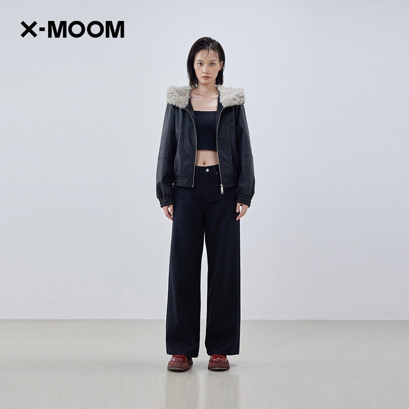 【商场同款】X--MOOM2024冬季新款复古风带毛领连帽PU皮棉服外套