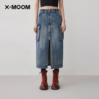 xmoom工装感水洗牛仔半身腰裙