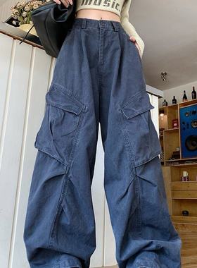 实拍 水洗全棉 美式宽松多口袋工装裤女阔腿hiphop爵士街舞长裤