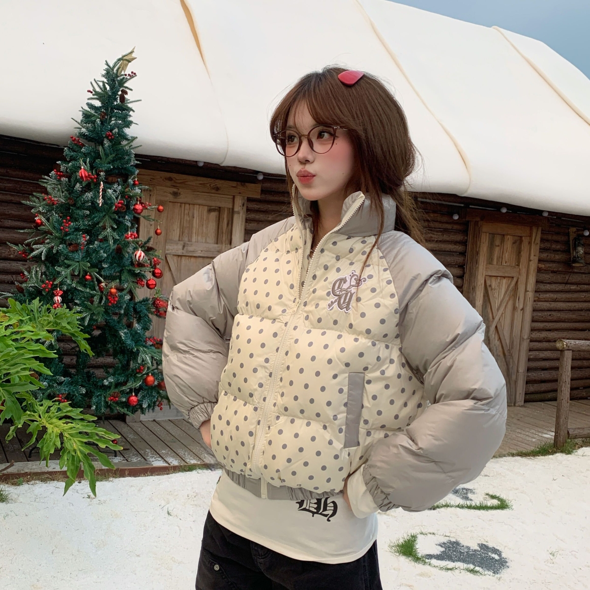 美式复古撞色波点立领棉