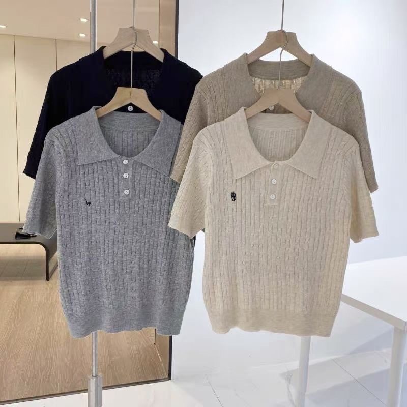 刺绣短袖polo领灰色针织