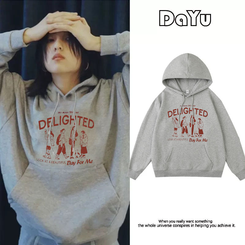 张子枫同款灰色卡通印花连帽卫衣