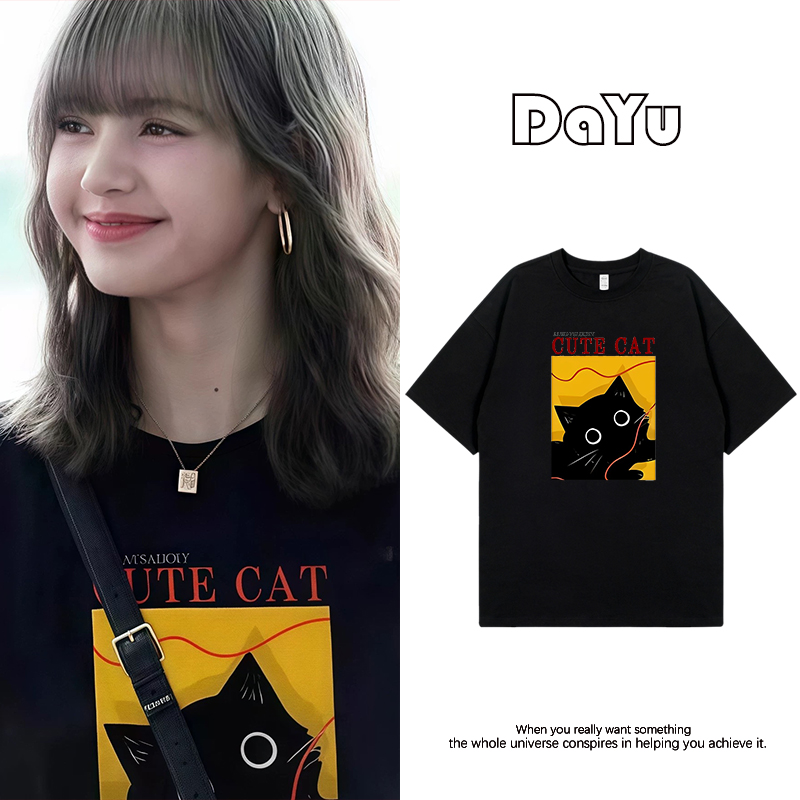 Lisa明星同款黑色小猫短袖t恤女