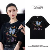 倪妮明星同款 小众设计感休闲上衣 爆款 印花黑色短袖 t恤女2026夏季