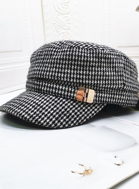 2025年秋冬款毛呢女生均码尺寸户外保暖短檐休闲封口千鸟格平顶帽