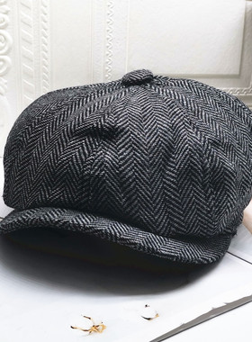 2022年韩版灰色条纹春季男女报童帽短檐大头小贝英伦八角帽贝雷帽