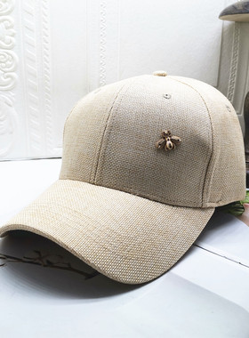 2022年春季男女透气弯檐大头圆顶夏季米色金色蜜蜂黑色棉麻棒球帽