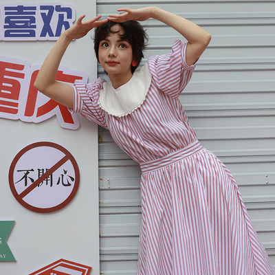 南君「小椿手记」蕾丝领气质显瘦重工人棉条纹清凉复古miu连衣裙