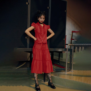 南君「血液搬运」甜辣风复古设计感小众荷叶边红衬衫半身长裙套装
