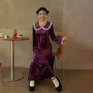 南君/「紫藤月影」宫廷复古帝政裙设计感洋气紫色丝绒连衣裙长裙