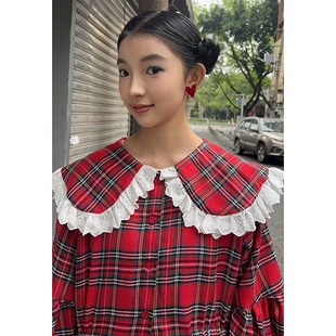 南君 「甜酷布偶」miu系学院英伦气质甜美红色格子连衣裙宽松长裙