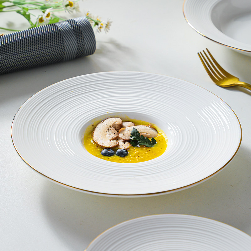 金边陶瓷意大利面盘子飞碟盘草帽盘沙拉盘西式汤盘菜盘西餐厅餐具