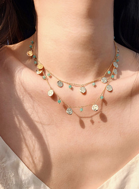 莓拉原创设计玻璃海可抽拉项链波西米亚风项链轻奢锁骨链可调节