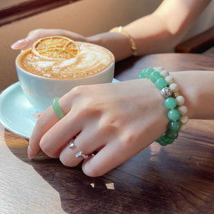 莓拉原创设计「晨露」OT扣串珠手链新中式复古绿东陵玉手串情侣