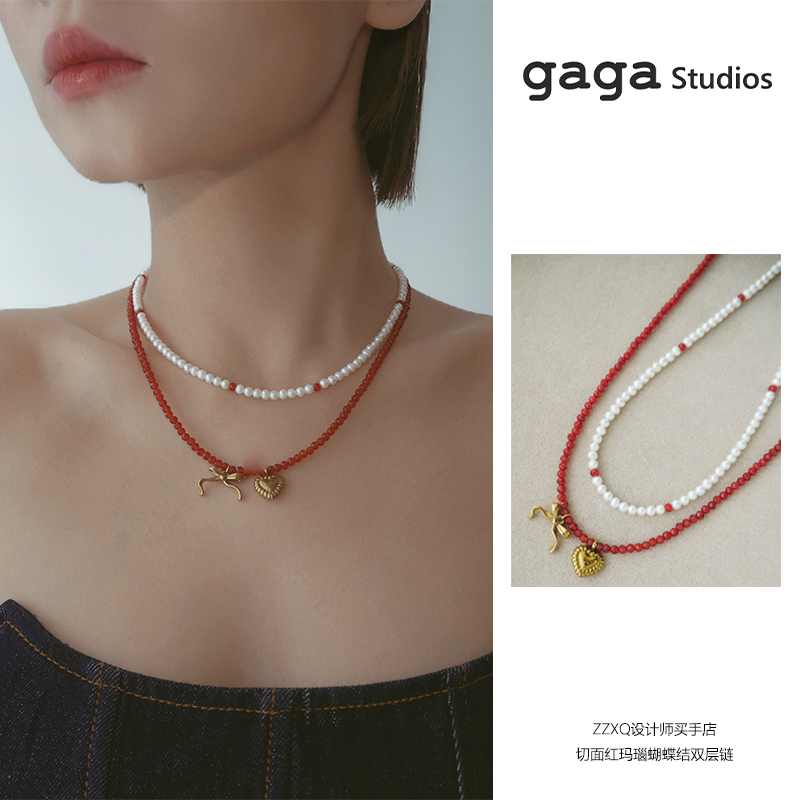ZZXQ买手店GAGA Studios天然淡水珍珠红玛瑙蝴蝶结项链女串珠饰品