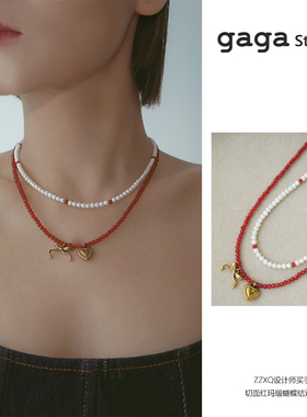 ZZXQ买手店GAGA Studios天然淡水珍珠红玛瑙蝴蝶结项链女串珠饰品