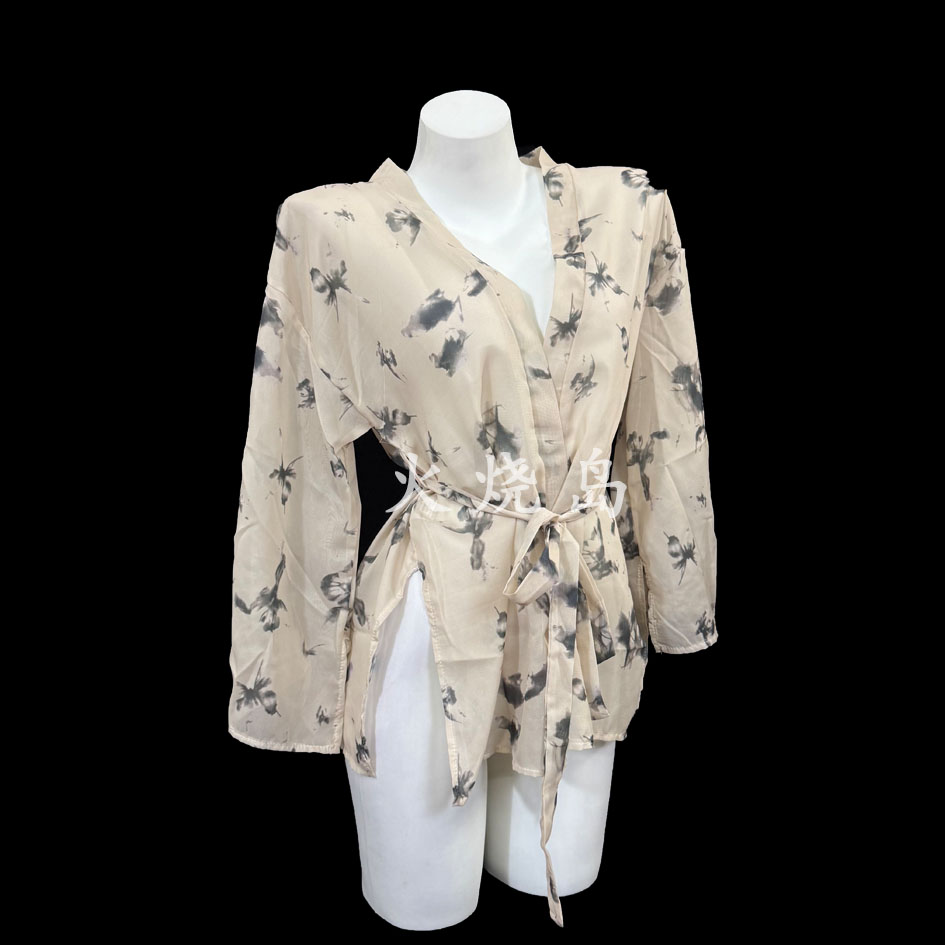 性感薄纱蝴蝶印花透视系带深V袍