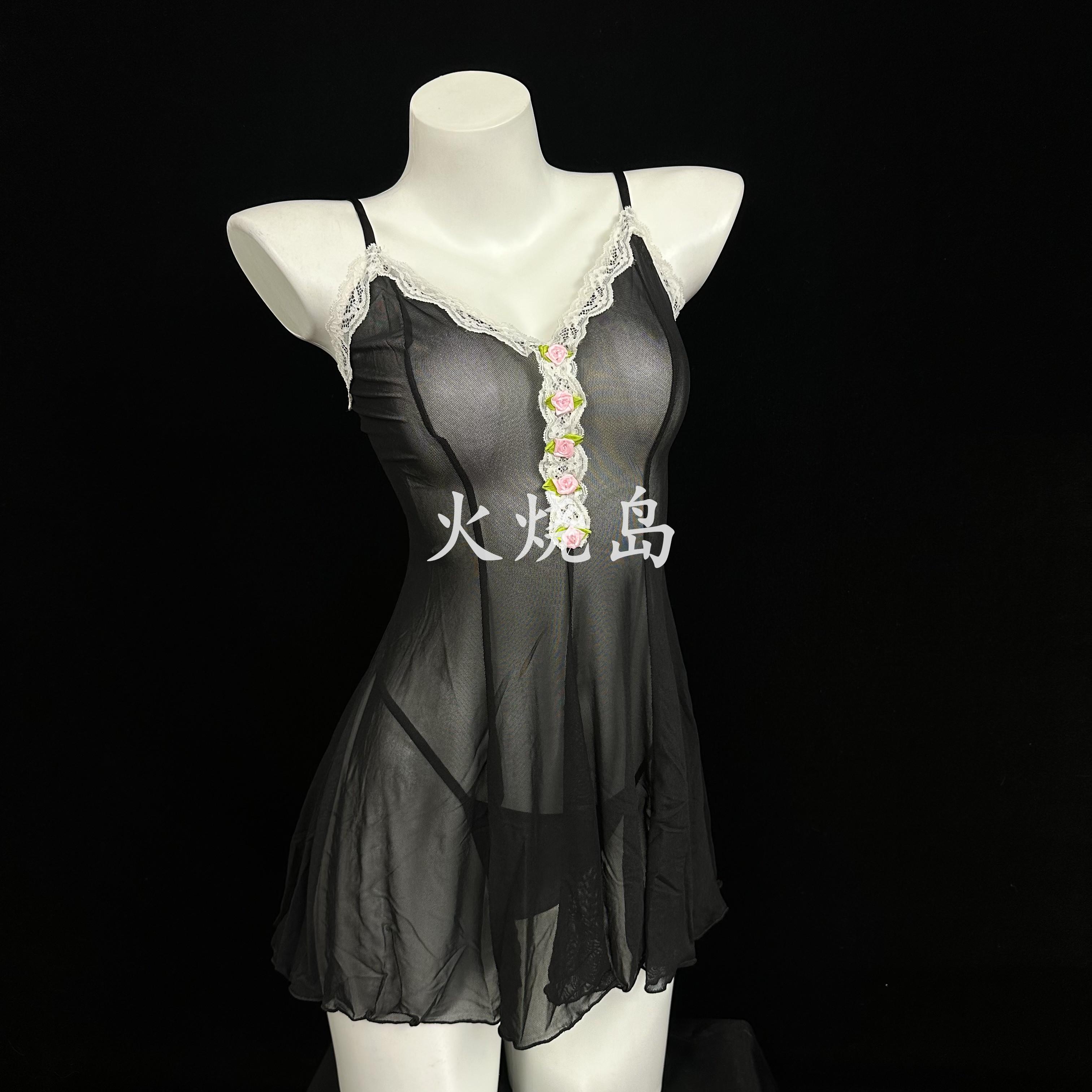 性感网纱拼接蕾丝吊带文胸睡裙