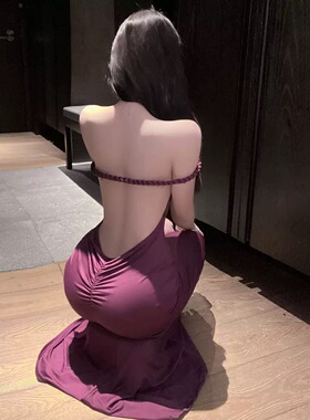 火烧岛 性感气质挂脖长裙礼服御姐包臀裙