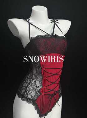 火烧岛 性感内衣复古蕾丝红拼接连体 小个子专属