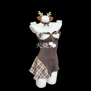 【送圣诞礼盒】火烧岛 性感纯欲圣诞麋鹿棕格纹抹胸cos制服
