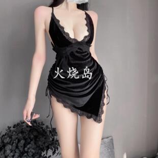火烧岛 性感法式蕾丝睡衣纯欲丝绒露背吊带睡裙
