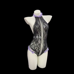 火烧岛 可撕扯 性感蕾丝花边挂脖连体网衣