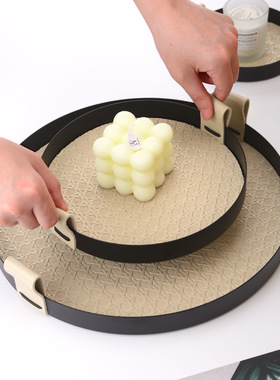 北欧ins风双耳首饰收纳圆盘香薰玄关铁艺置物盘桌面皮革装饰托盘