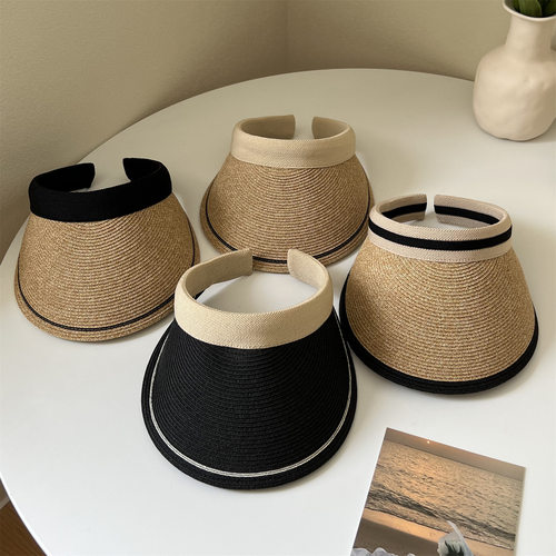 日本uv小沿拉菲草发箍空顶编织草帽女夏季度假海边沙滩遮阳防晒帽