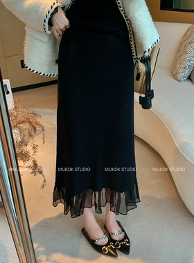 缪斯碎片~黑色针织半身裙高腰轻优雅网纱拼接百搭a字裙