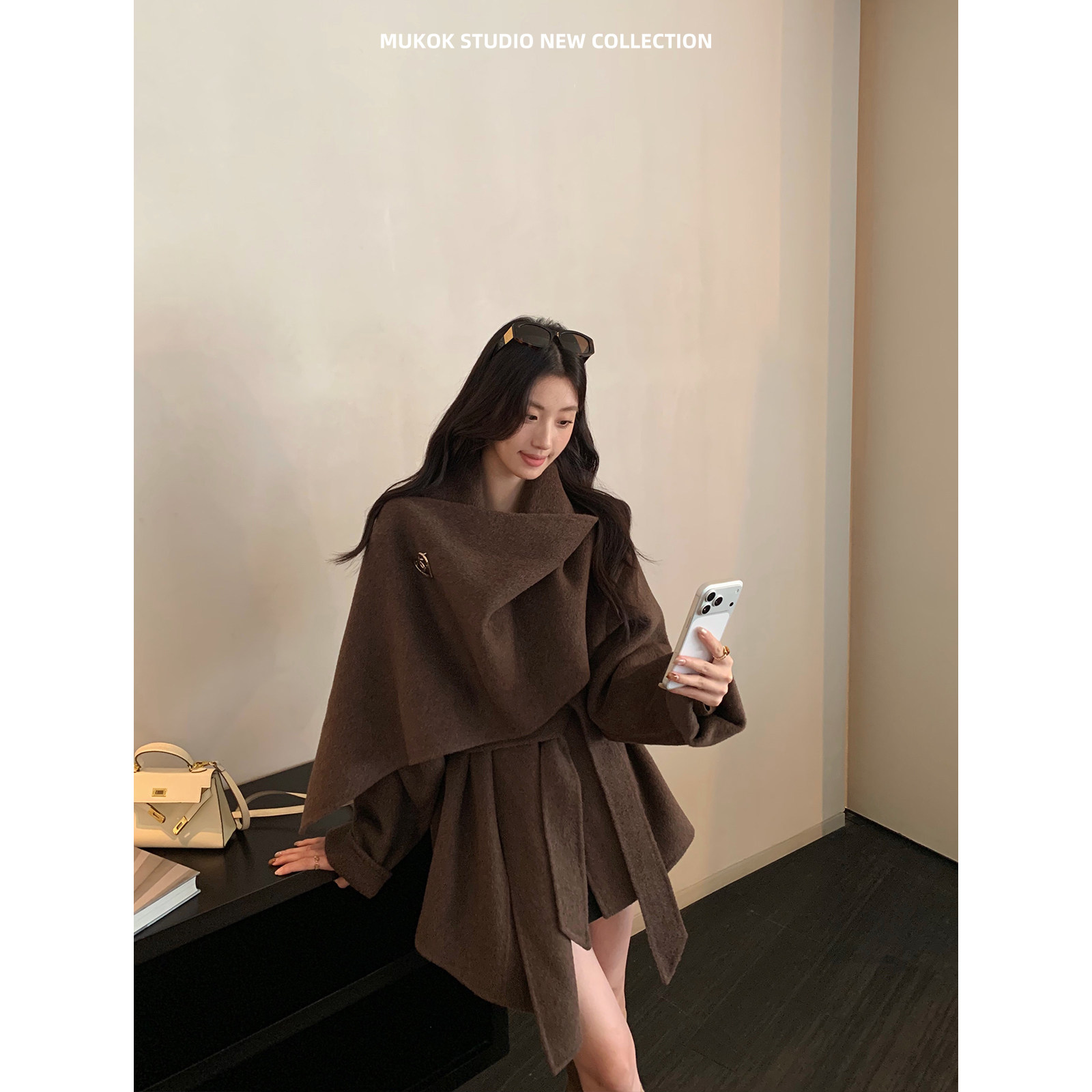 YSLS小众设计感双面羊毛混纺气质围巾披肩斗篷毛呢外套