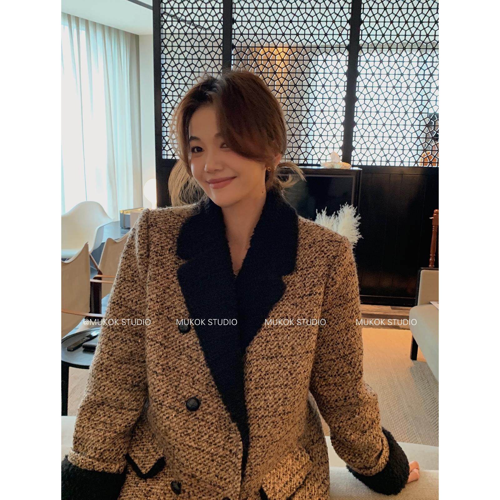 2026冬新款时尚复古气质毛呢西装羽绒服女设计感中长款外套