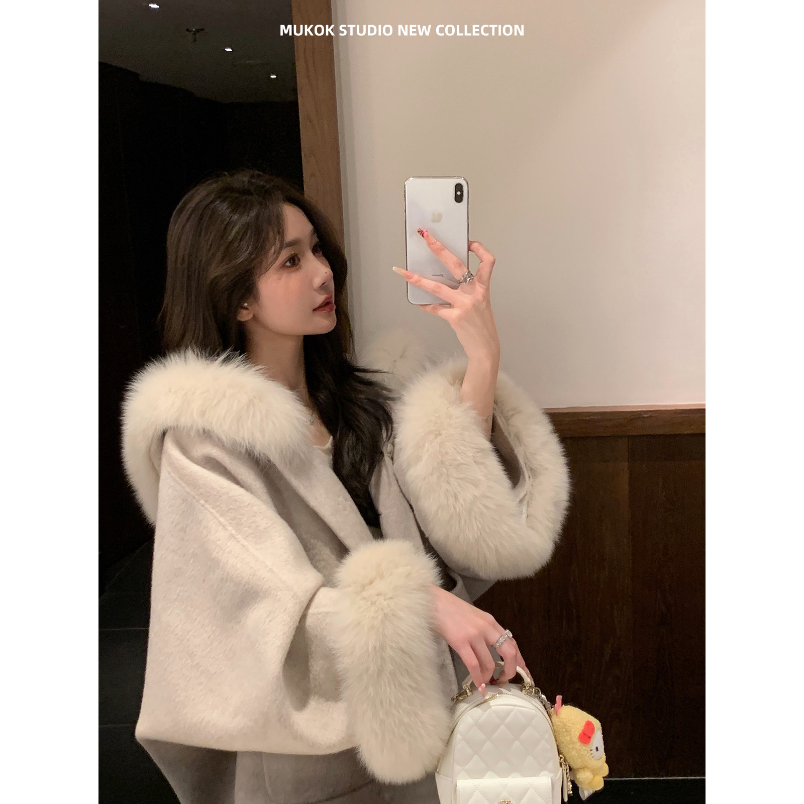 狐狸毛毛领领+袖口千金连帽斗篷双面毛呢女小个子宽松大衣