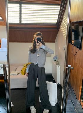 miu系~100%羊毛灰色假两件针织开衫女上衣毛衣2025春季新款