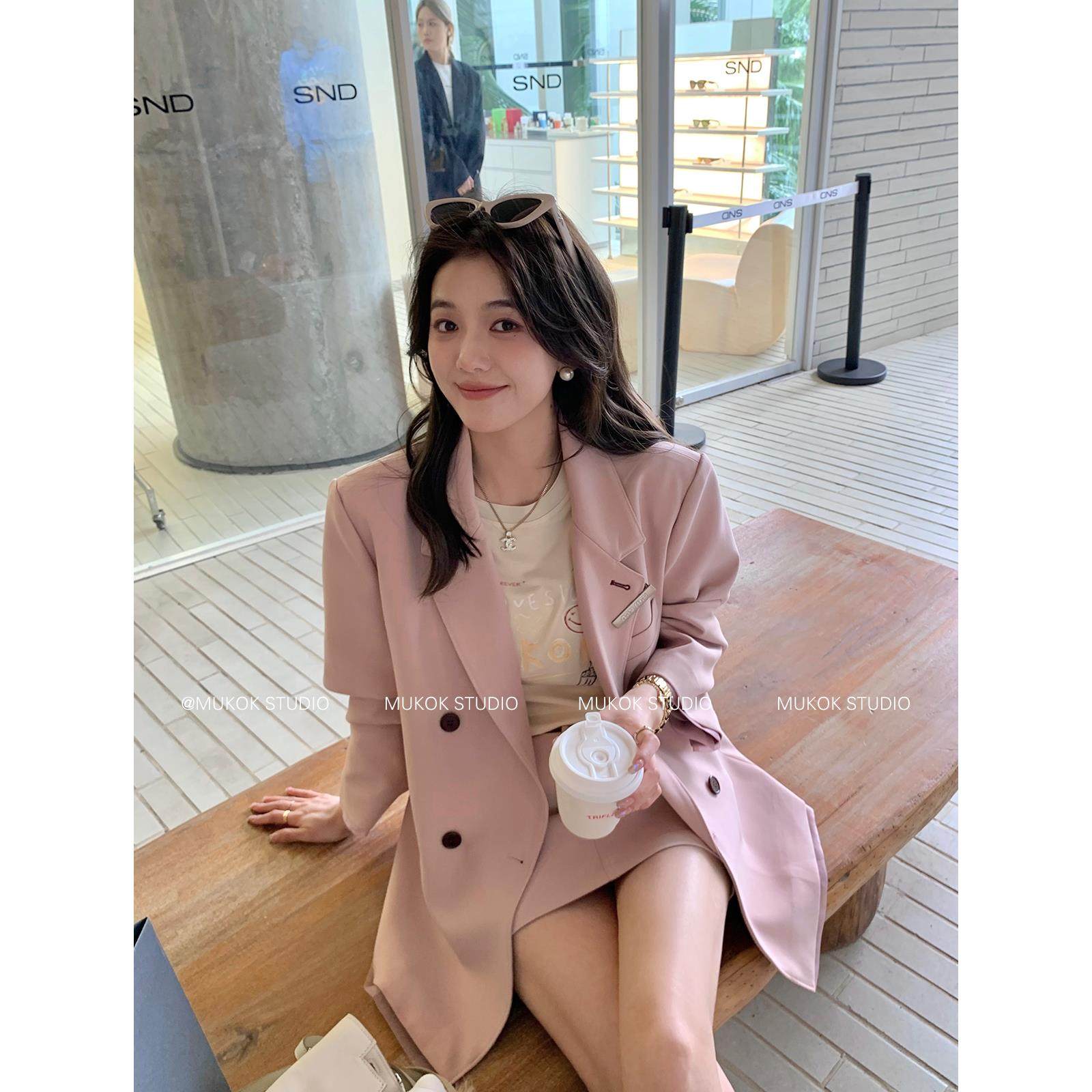 通勤look~粉色休闲西装外套A字半身裙短裙两件时尚套装