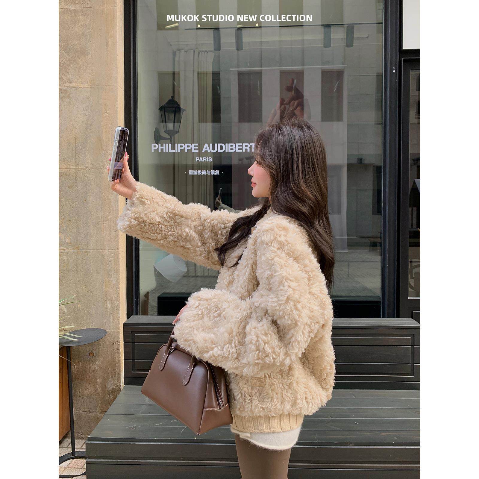 YSLS 卷卷小羊暖杏色皮毛一体短外套韩系小个子毛毛外套秋冬女