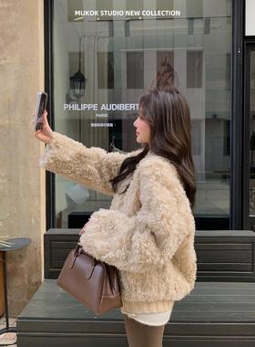 卷卷小羊暖杏色皮毛一体短外套韩系小个子毛毛外套秋冬女