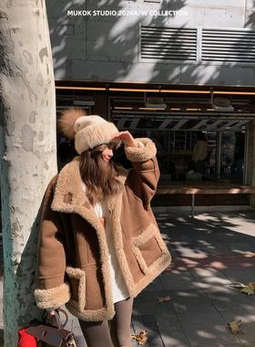 首尔初冬~两面穿宽松机车服羊羔毛短外套加厚女冬季皮毛一体