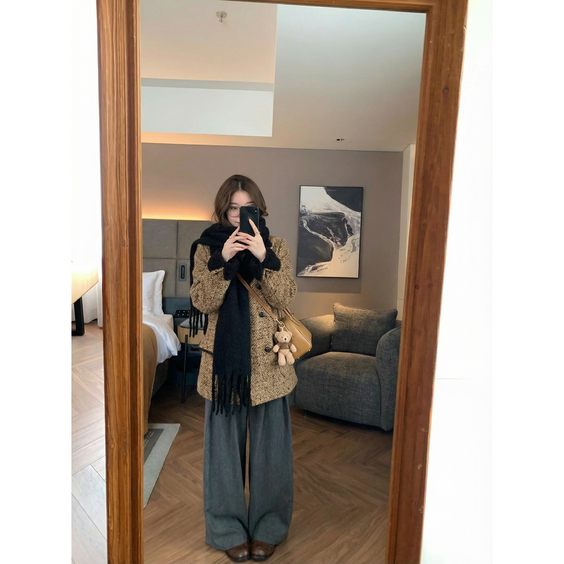 2026冬新款时尚复古气质毛呢西装羽绒服女设计感中长款外套