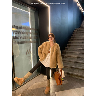 独特绝美厚外套过冬轻奢皮毛一体短外套女小个子韩系气质