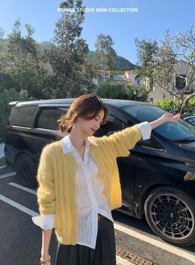 节日氛围~重工立体马海毛绞花小开衫减龄黄色针织上衣女