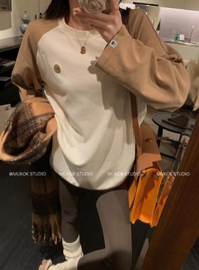 撞色T恤女2026秋季新款圆领长袖设计休闲百搭打底上衣