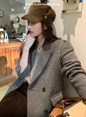 老钱风手工撞色明线设计羊毛西装高级感宽松毛呢外套